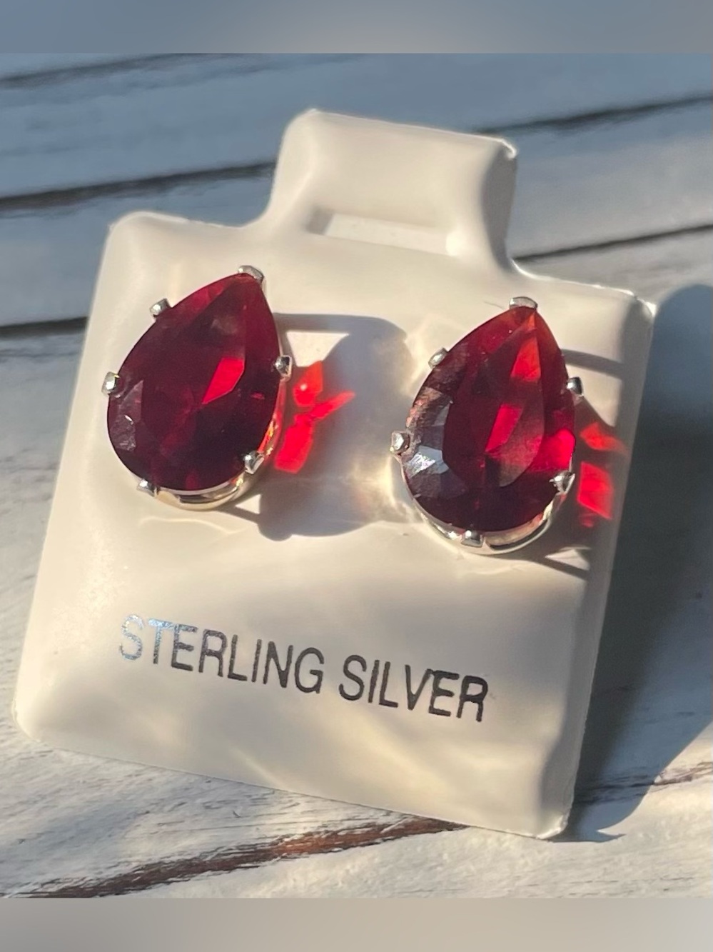 Sterling Silver Pear Cubic Zirconia Red Garnet Stud Earrings
